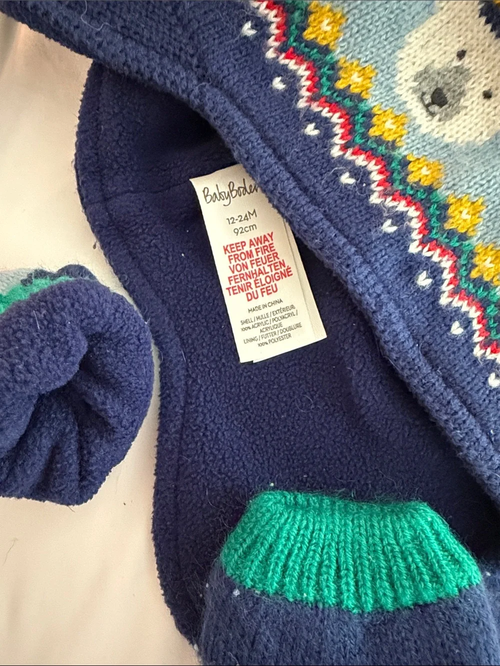 Baby Boden Navy Polar Bear Earflap Hat with Red Pom and Green-Trim Mittens